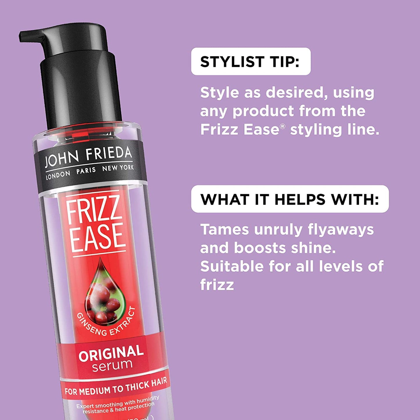 John Frieda Frizz-Ease Hair Serum Original Formula, Anti-Frizz Heat Protecting Infused with Silk Protein, 1.69 oz. / 50ml