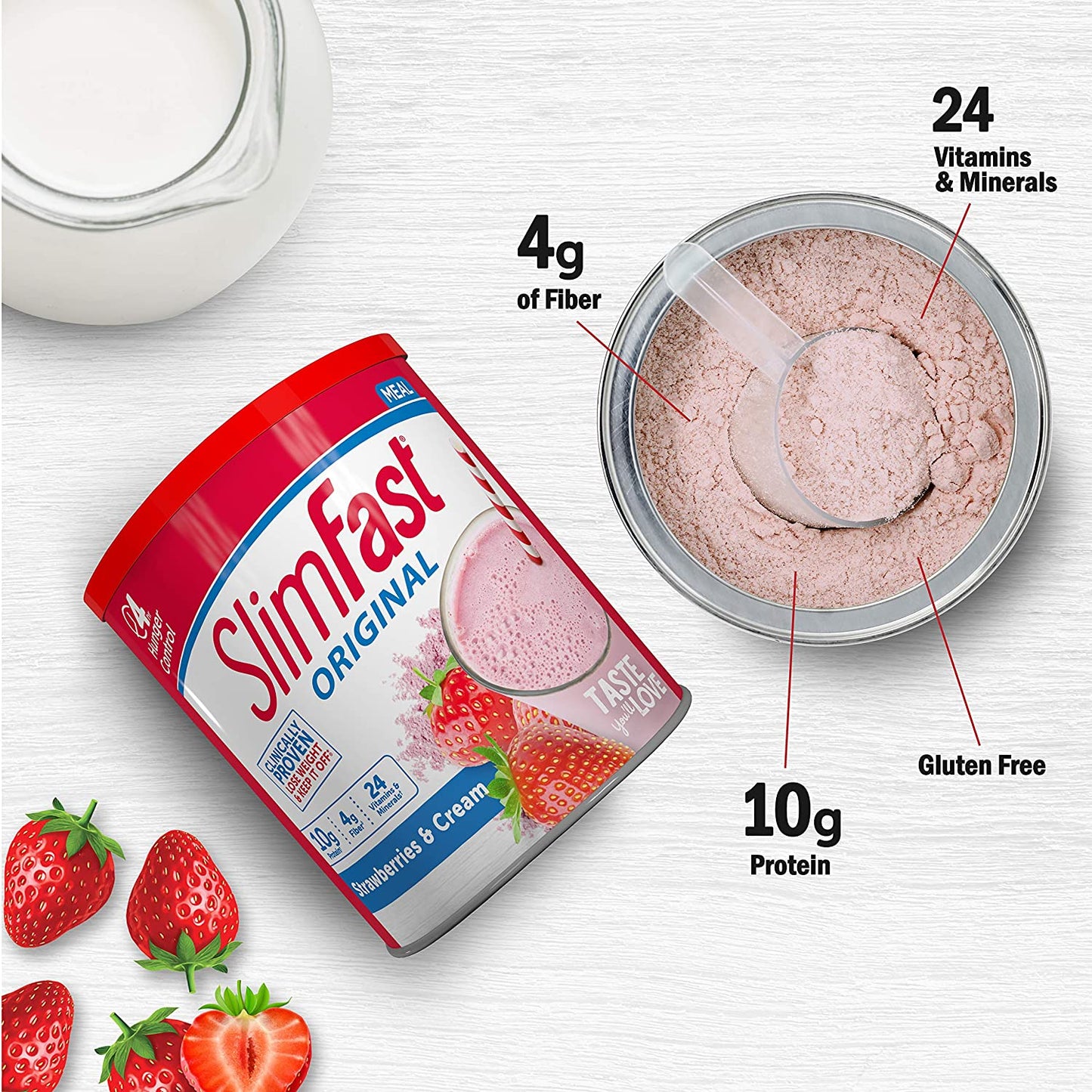 SlimFast Original Strawberries & Cream Meal Replacement Shake Mix – Weight Loss Powder – 12.83 Oz. Canister – 14 Servings - Pantry Friendly