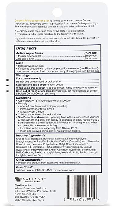 CeraVe Sunscreen Stick SPF 50, Invisible Zinc 0.47 oz NO BOX