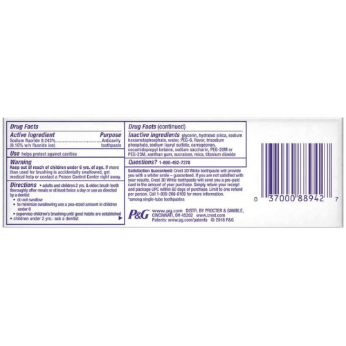 Crest 3D White Fluoride Antivacity Brilliance Toothpaste + Advanced Stain Protection, Vibrant Peppermint, 4.1 oz. / 116 g