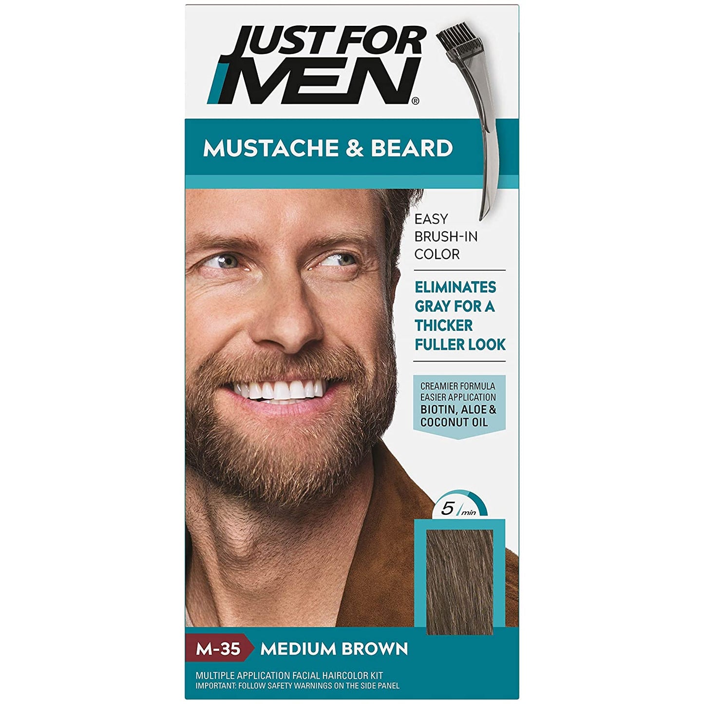 Just For Men Mustache & Beard Facial Haircolor Kit with Brush Included for Easy Application with Biotin, Aloe & Coconut Oil