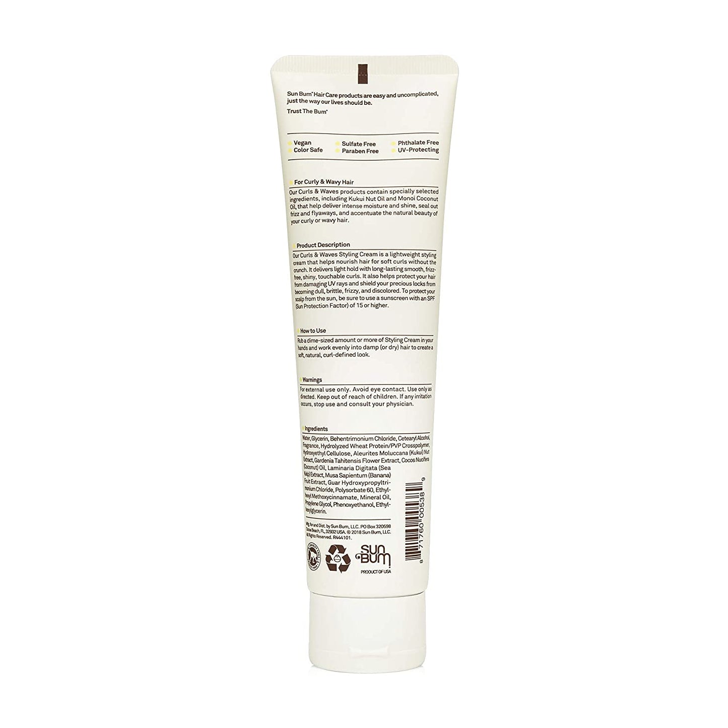 Sun Bum Curls & Waves Styling Cream Defining, Smoothing & Softening for Wavy to Tight Curls, 5 fl.oz / 148ml