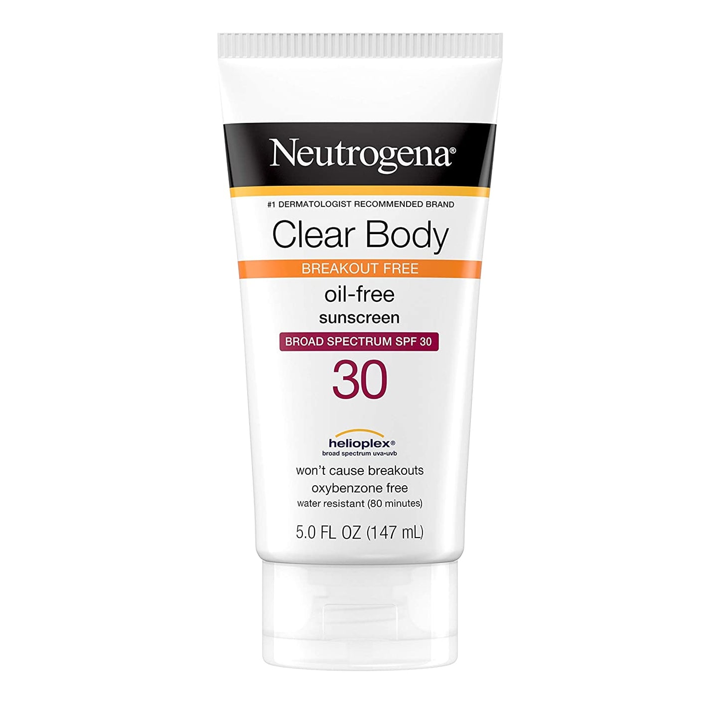 Neutrogena Clear Body Breakout-Free Oil Free Sunscreen, Broad Spectrum SPF 30, 5 fl.oz / 147 ml