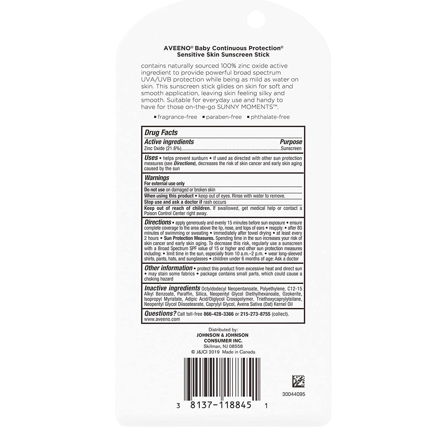 Aveeno Baby Continuous Protection Sensitive Skin Zinc Oxide Sunscreen Stick with Broad Spectrum SPF 50, 0.47 oz. / 13g