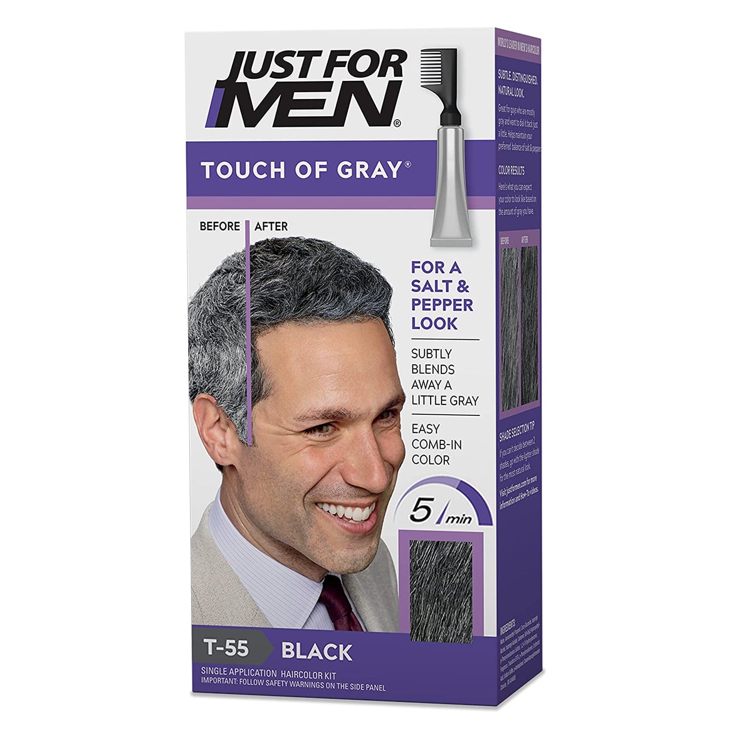 Just For Men Touch of Gray Hair Color Kit (T-55) Black with Comb Applicator, Great for a Salt and Pepper Look