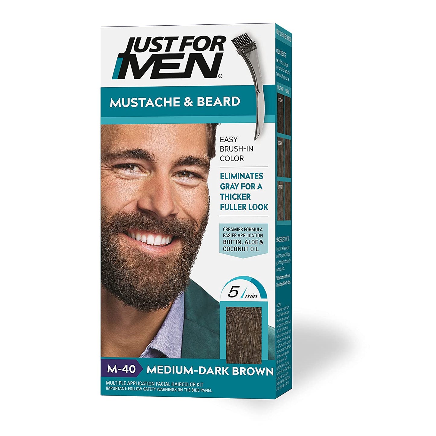 Just For Men Mustache & Beard Facial Haircolor Kit with Brush Included for Easy Application with Biotin, Aloe & Coconut Oil