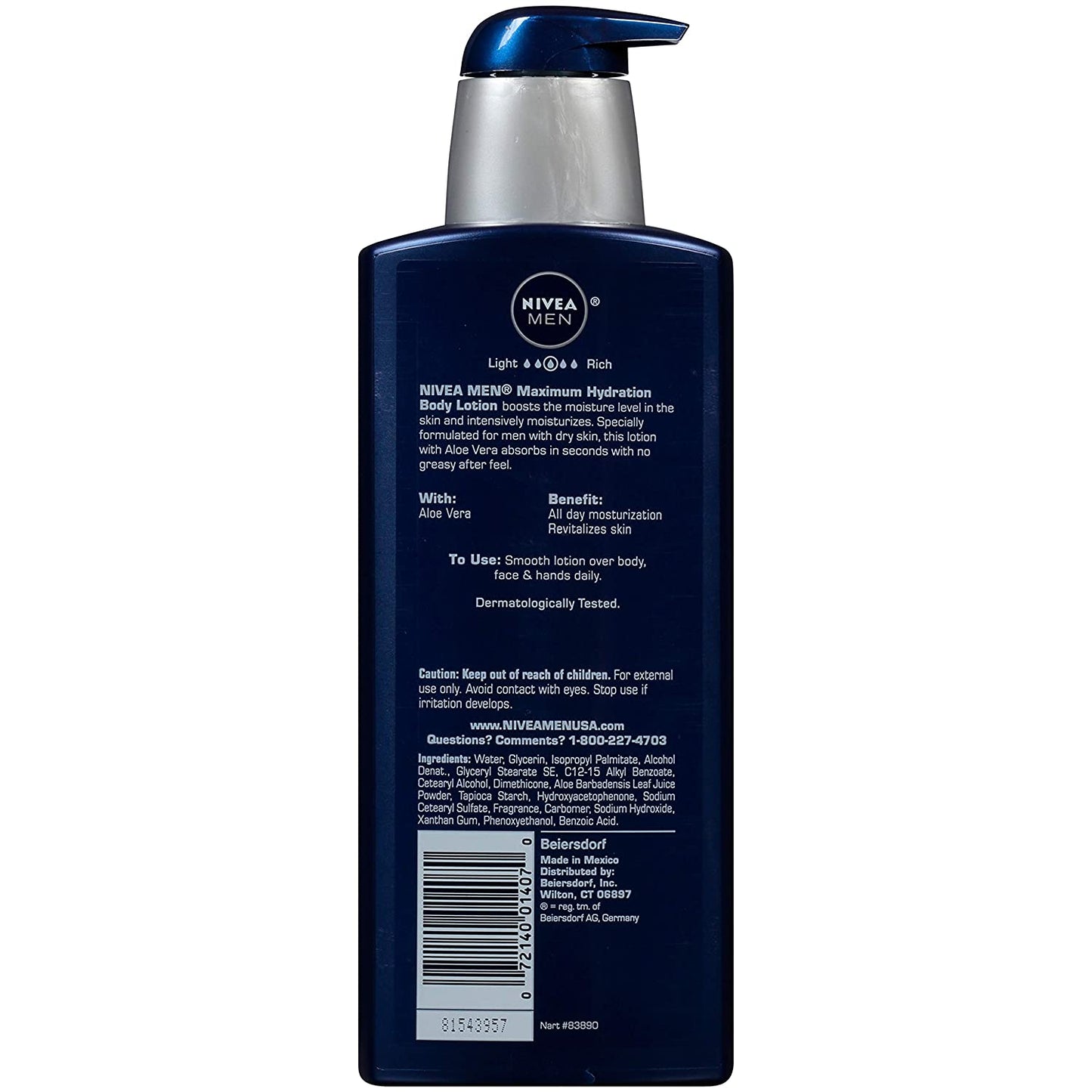 NIVEA Men Maximum Hydration Aloe Vera 3-in-1 Nourishing Lotion for Body, Face & Hands, 16.9 fl.oz / 500 ml