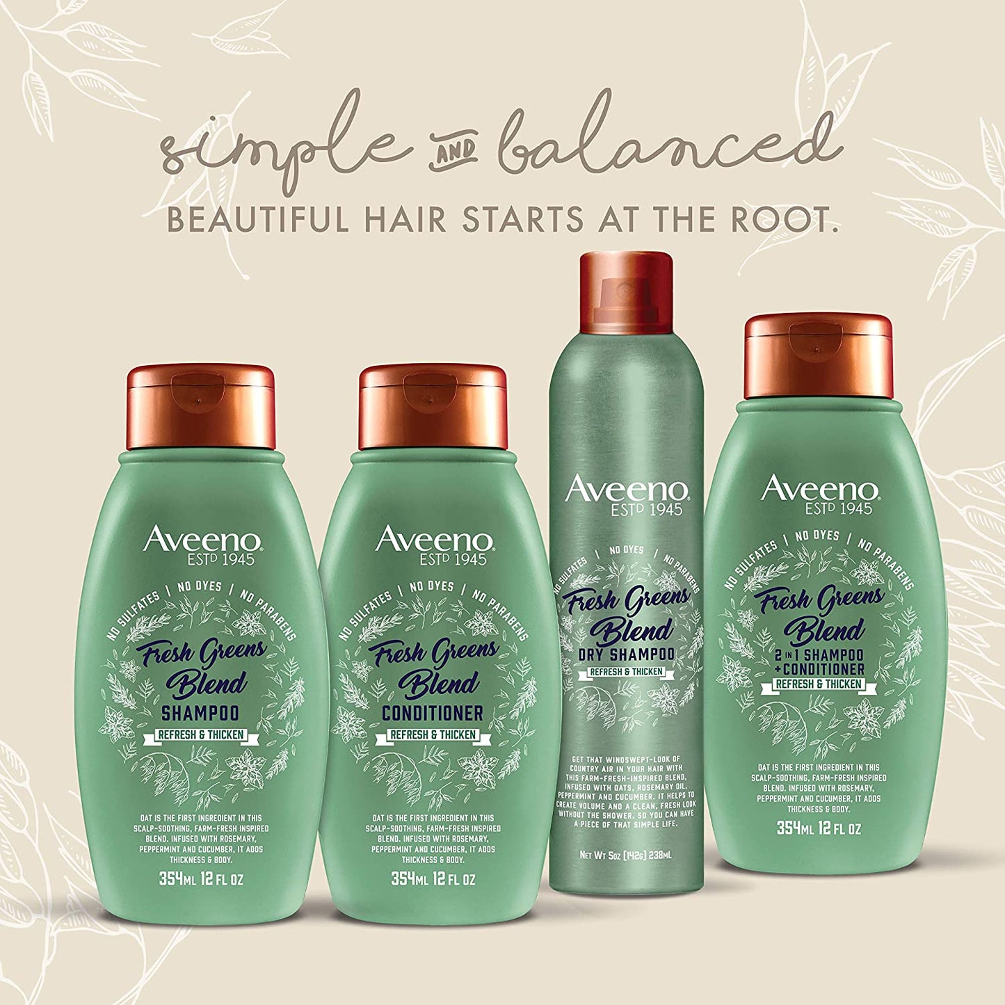 Aveeno Fresh Greens Blend Sulfate-Free Shampoo with Rosemary, Peppermint & Cucumber Refresh & Thicken, 12 fl.oz / 354ml