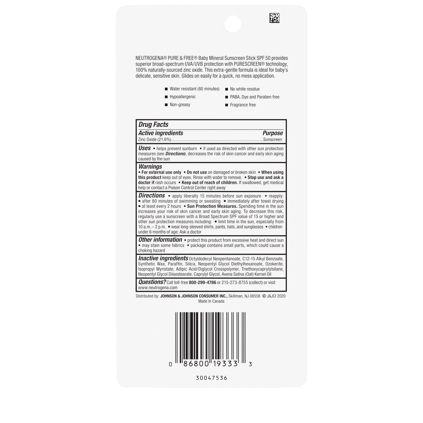 Neutrogena Pure & Free Baby Zinc Oxide Sunscreen Stick, SPF 50, 0.47 oz / 13g