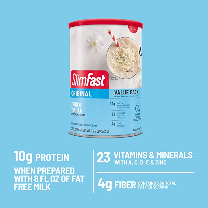 SlimFast Original Well Replacement Shake Mix French Vanilla 1.26 lb | 572g (Packaging May Vary)