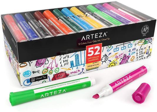 Arteza Dry Erase Markers, Bulk Pack of 52 (with Chisel Tip), 12 Assorted Colors, Whiteboard Pens