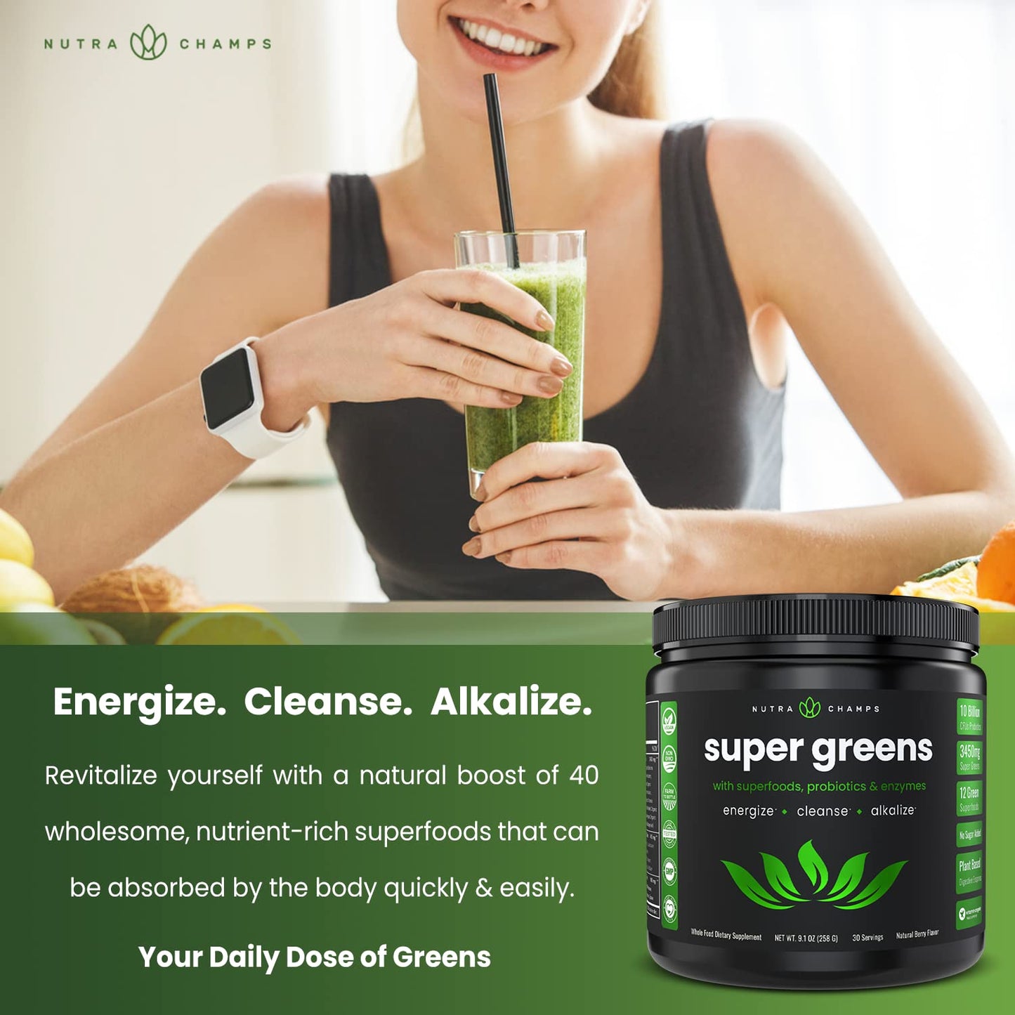 Nutra Champs Super Greens Natural Berry Flavor Supplement 9.10oz / 258g