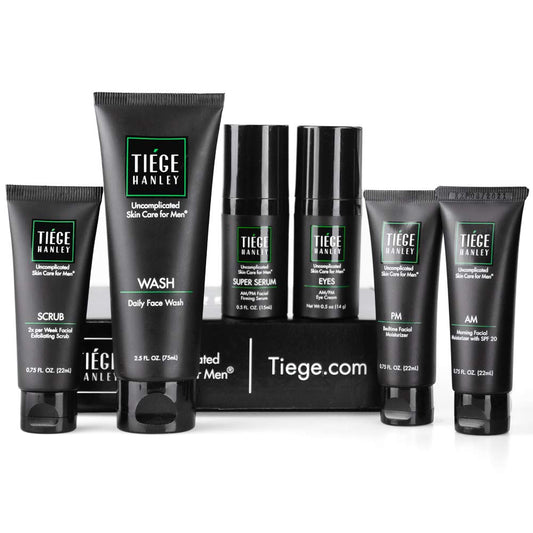 Tiege Hanley Men’s Skin Care System Level 3 Anti Aging Routine Product Set: Face Wash, Serum, Day & Night Moisturizer, Exfoliating Scrub & Eye Cream