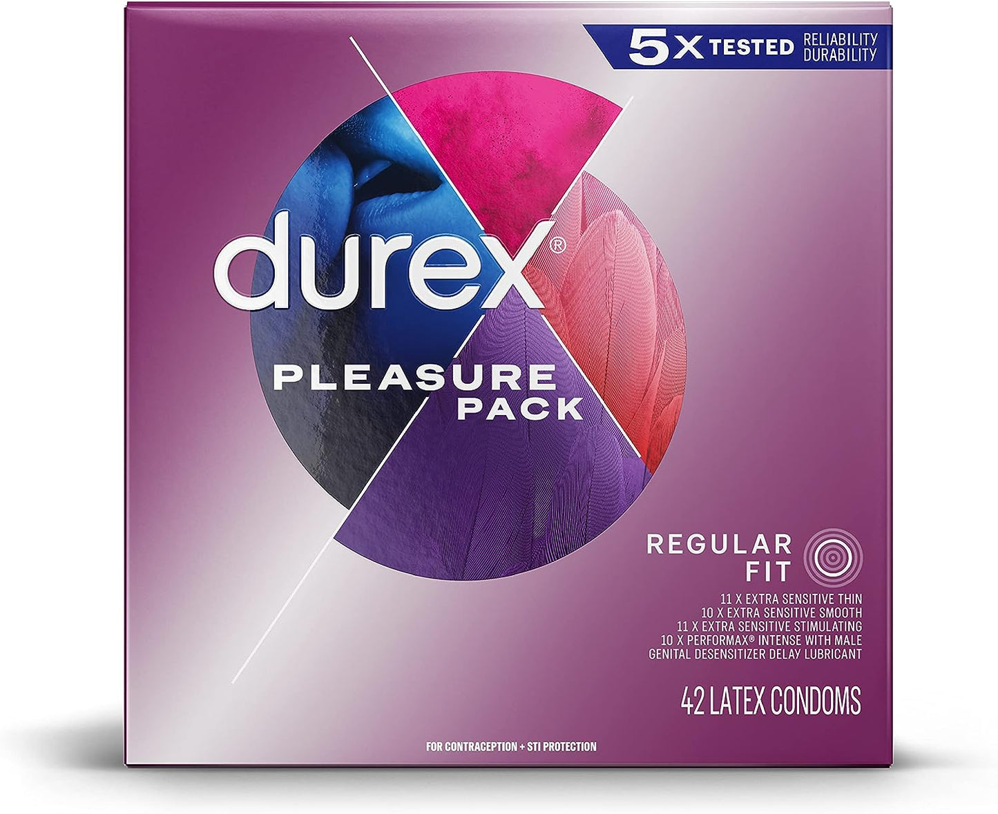 Durex Pleasure Pack Regular Fit 5x Tested Reliability, Durability (42 Latex Condoms)