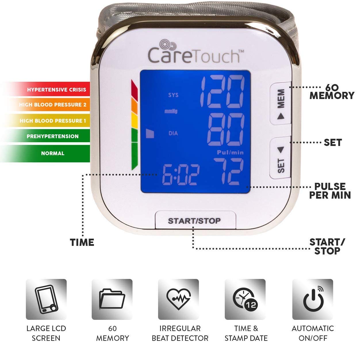 Care Touch PSW01 Automatic Wrist Blood Pressure Cuff Monitor Platinum Series, 8.5  Cuff Size