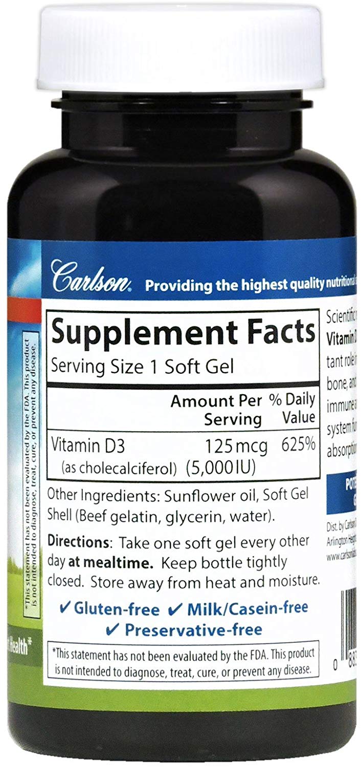 Carlson Vitamin D3 5,000 IU, 125 mcg 120 Soft Gels