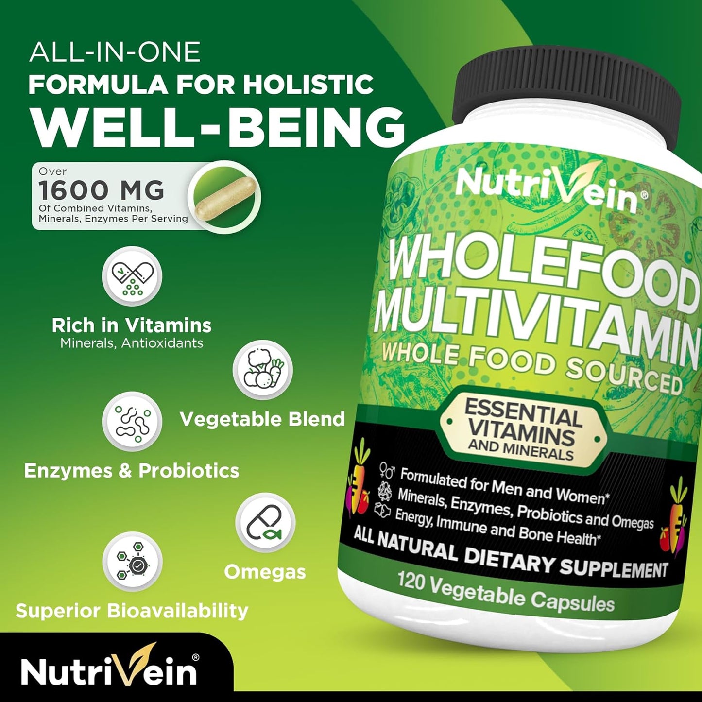 NutriVein Whole Food Multivitamin All Natural Supplement 120 Capsules