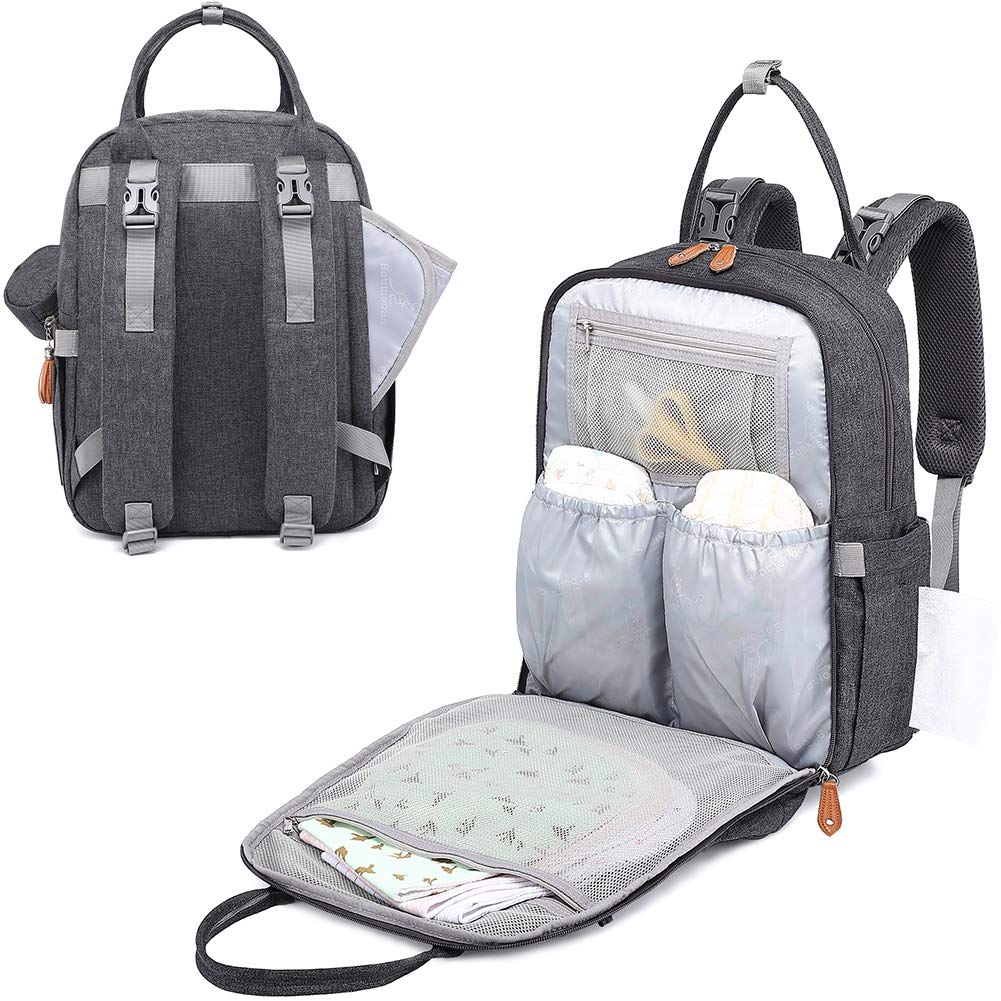 BabbleRoo Diaper Bag Backpack - Multi function Waterproof, Unisex (Dark Gray)