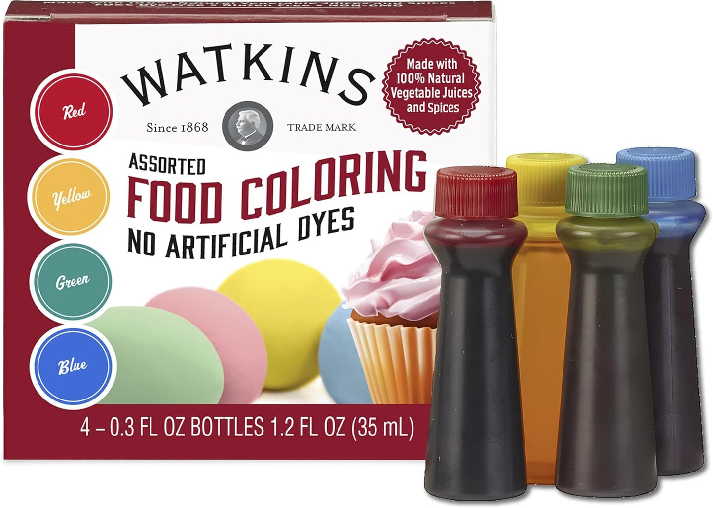 Watkins Assorted Food Coloring Red, Yellow, Green & Blue, 35 ml / 1.2 fl. oz.