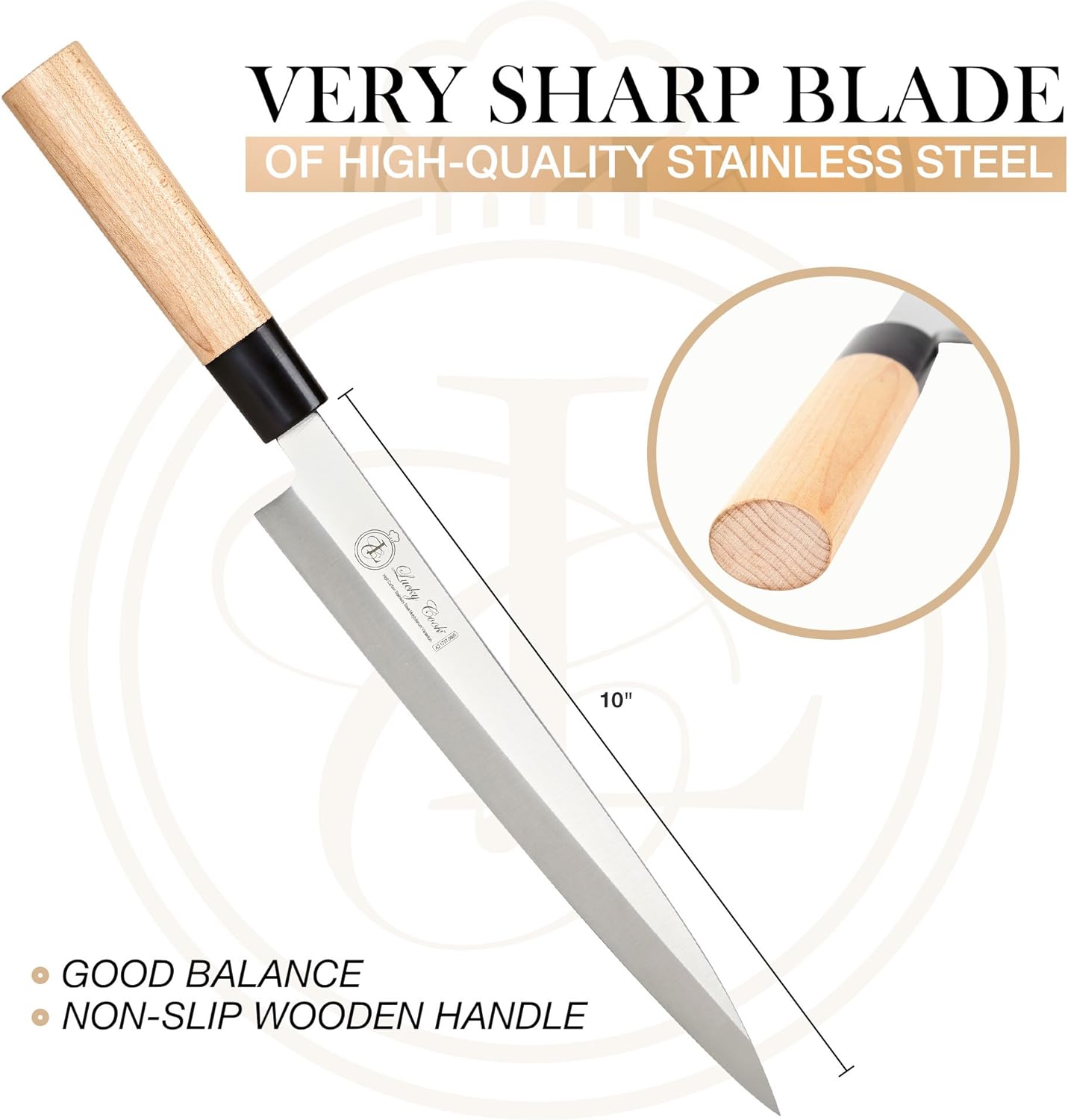 Sashimi Sushi Knife Very Sharp Stainless Steel Blade & Traditional Wooden Handle 10 Inch