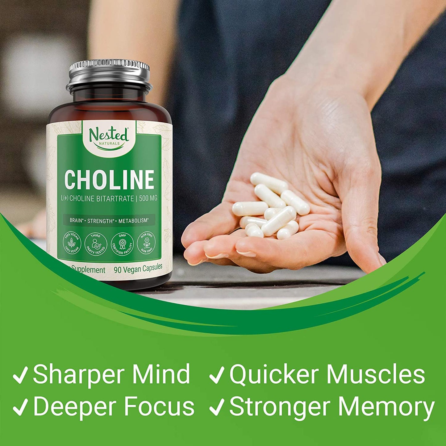 Nested Naturals Choline Bitartrate 500mg, 90 Capsules, Promotes Brain Health, Mental Focus & Memory