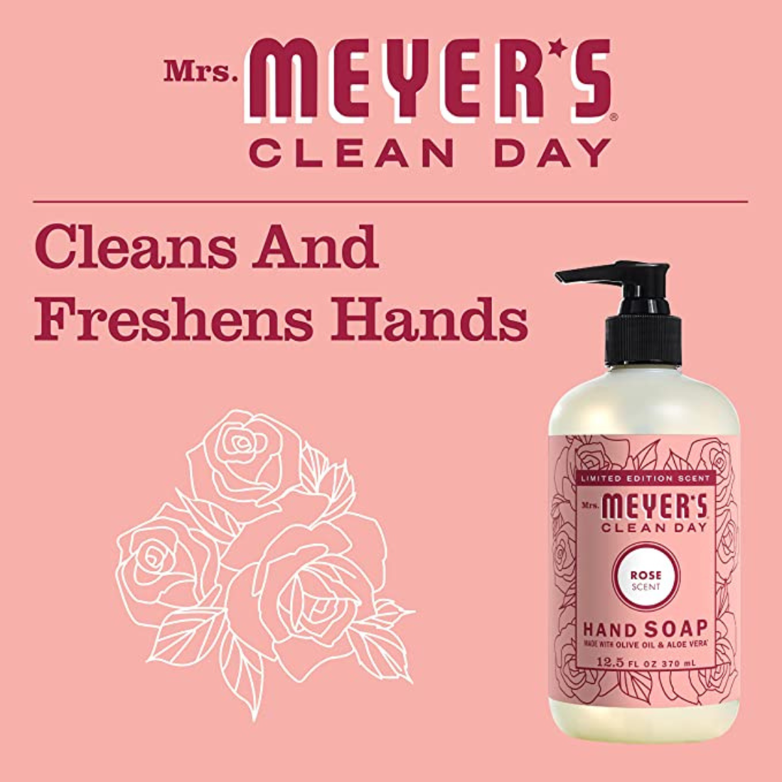 Mrs. Meyer's Clean Day Hand Soap Made With Olive Oil & Aloe Vera  Rose Scent 12.5 Fl Oz (370ml)