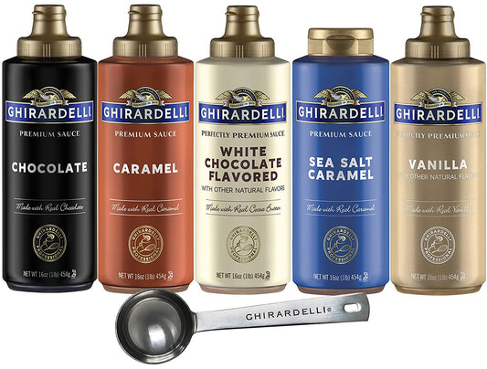 Ghirardelli Chocolate, Vanilla, White Chocolate, Caramel and Sea Salt Caramel Sauces, 16 oz Bottle