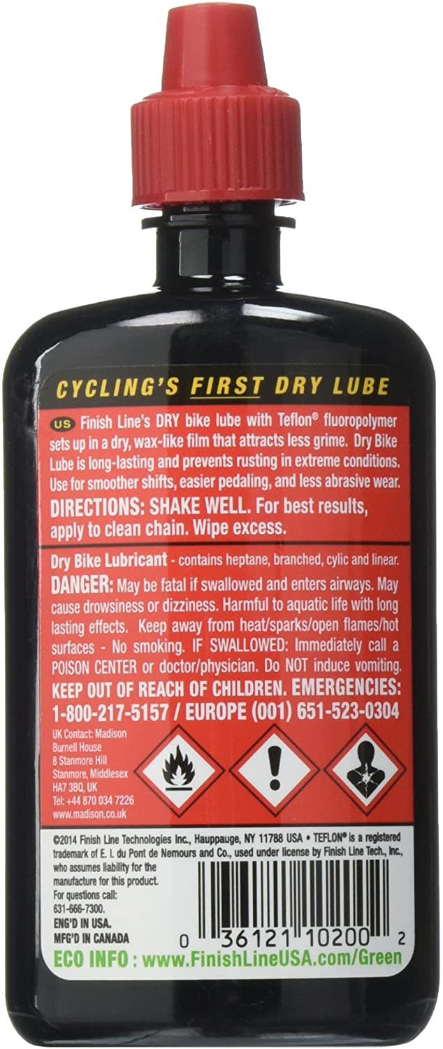 Finish Line DRY Teflon Bicycle Lubricant Chain Lube 4 oz, 120 ml Long Lasting
