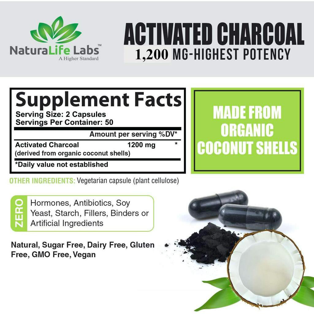 NaturaLife Labs Activated Charcoal Capsules, 1,200 mg, Derived From Coconut Shell, 100 Capsules