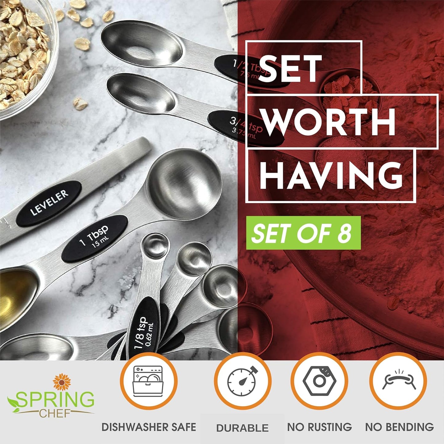 Spring Chef Magnetic Measuring Spoons Set of 8 With Leveler, Black