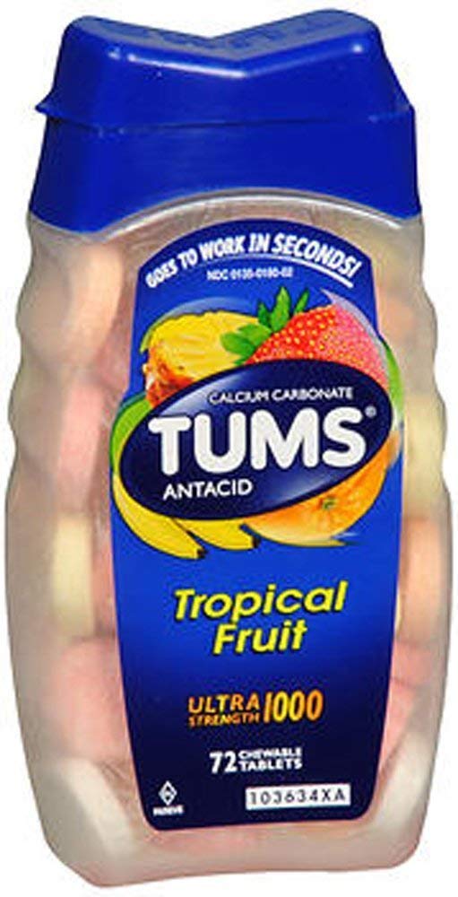 TUMS Ultra Strength Assorted Tropical Fruit Chewable Tablets for Heartburn Relief, Ultra Strength 1000, 72 Chew Tabs