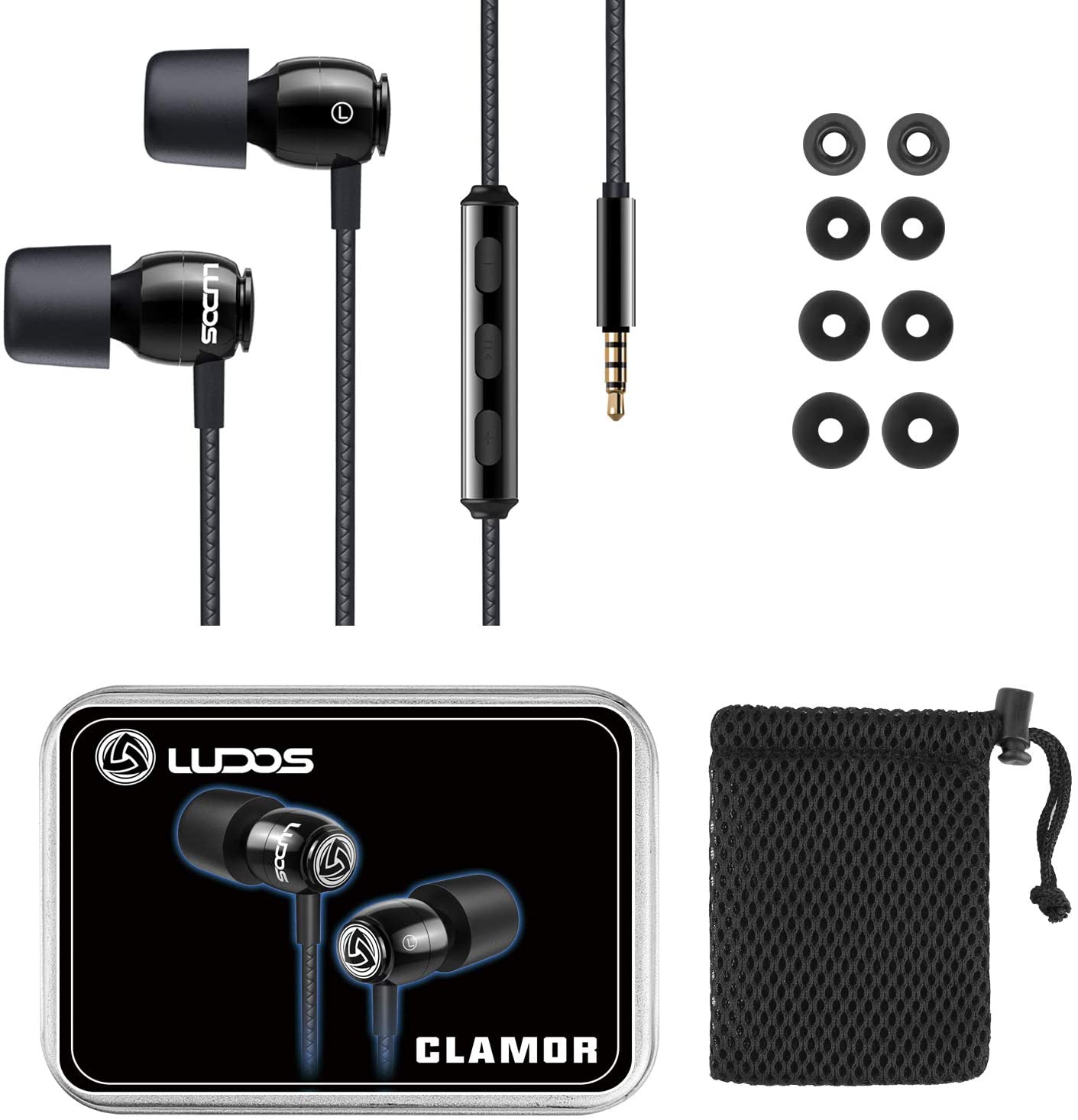 LUDOS Clamor Earbuds, Wired Headphones with Microphone and Ear Bud Tip Replacements, Universal 3.5 mm Plug