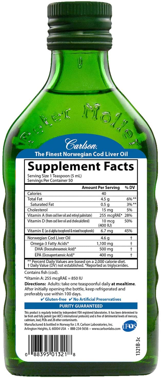 Carlson Cod Liver Oil, 1100 mg Omega-3s + A & D3, Wild-Caught Norwegian Arctic Cod-Liver Oil, Sustainably Sourced Nordic Fish Oil Liquid, Unflavored, 250 mL (8.4 Fl Oz)