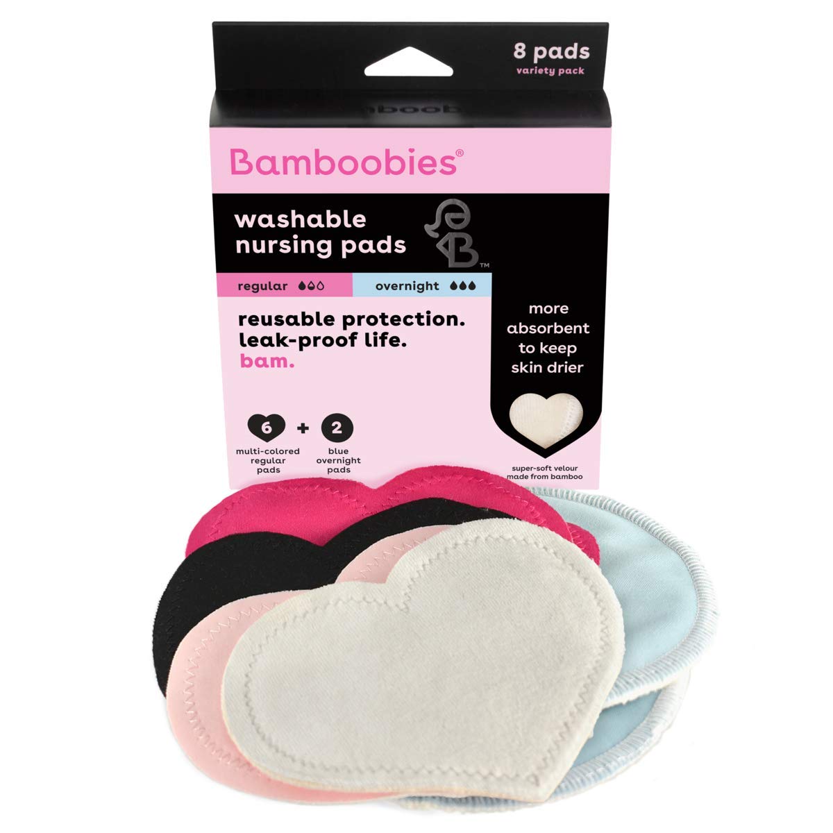 Bamboobies Washable Nursing Pads For Breastfeeding, Reusable Breast Pads, 4 Overnight Pairs (8 Pads)