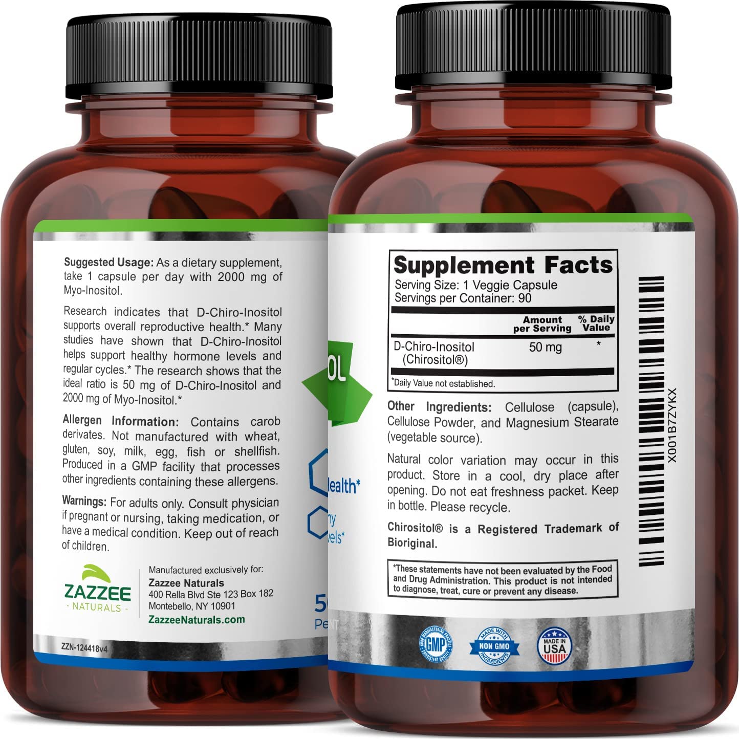 Zazzee D Chiro Inositol 50 mg Per Capsule Dietary Supplement 90 Veggie Capsules