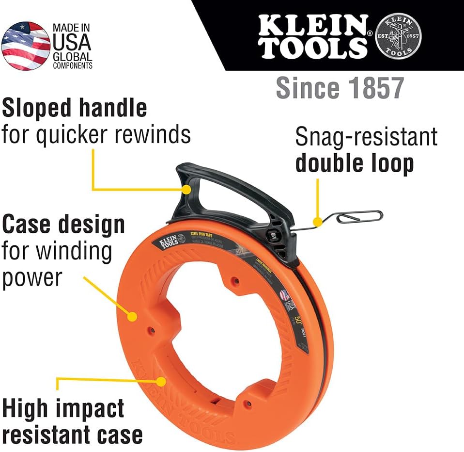 Klein Tools 50 Foot Electrical Fish Tape Steel Wire Puller with Double Loop Tip Optimized with Housing and Handle (56331)