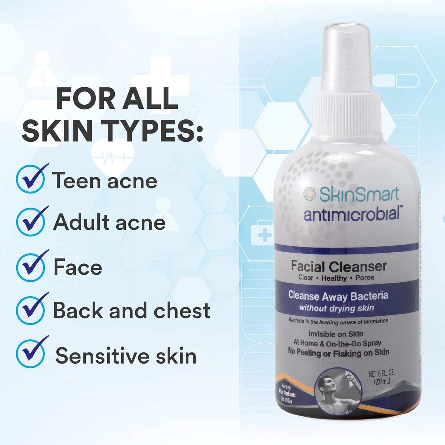 SkinSmart Antimicrobial Facial Cleanser, Cleanse Away Bacteria Without Drying Skin, 8 fl oz / 236mL