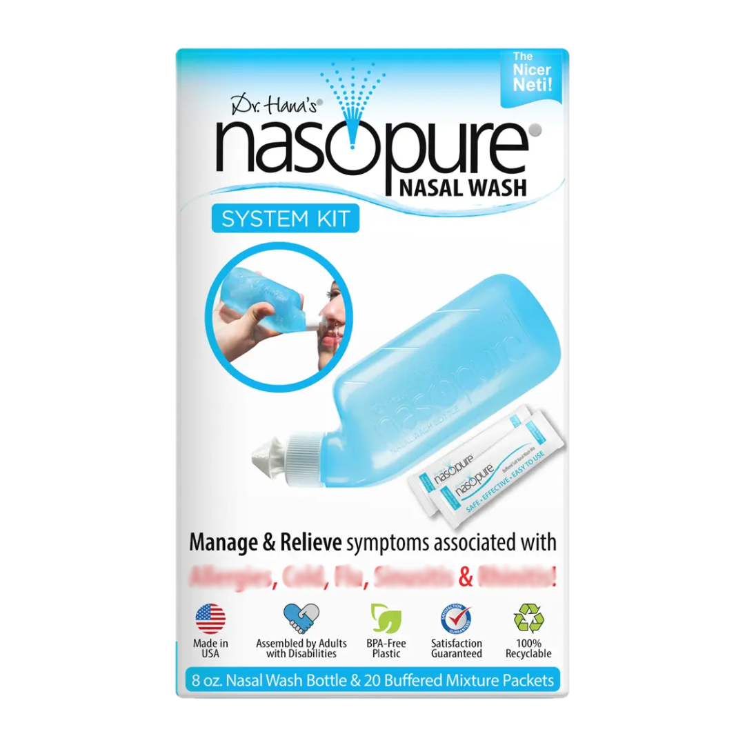 EXPIRY 10/2026 Dr. Hana's Nasopure Nasal Wash System Kit, 8 oz Bottle & Buffered 20 Mixture Packets