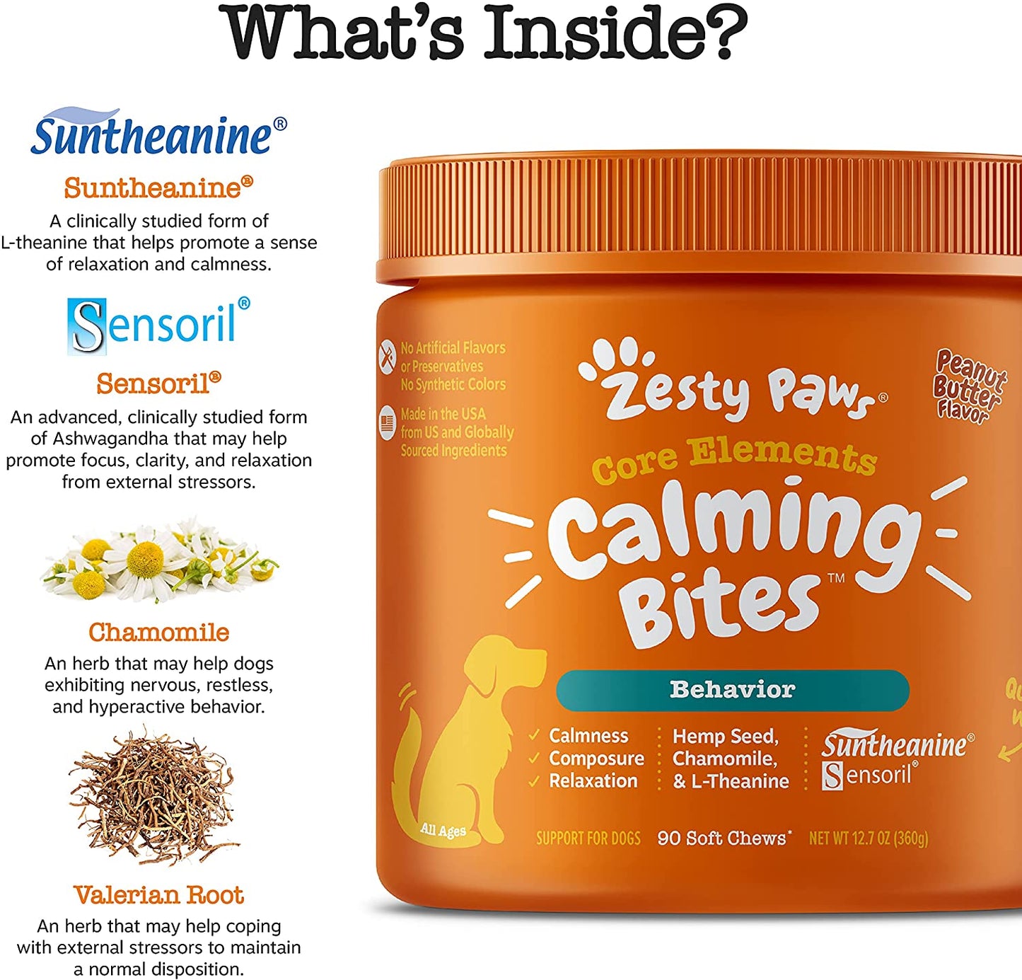 Zesty Paws Calming Bites with Suntheanine for Dogs, Peanut Butter Flavor - 90 Soft chews