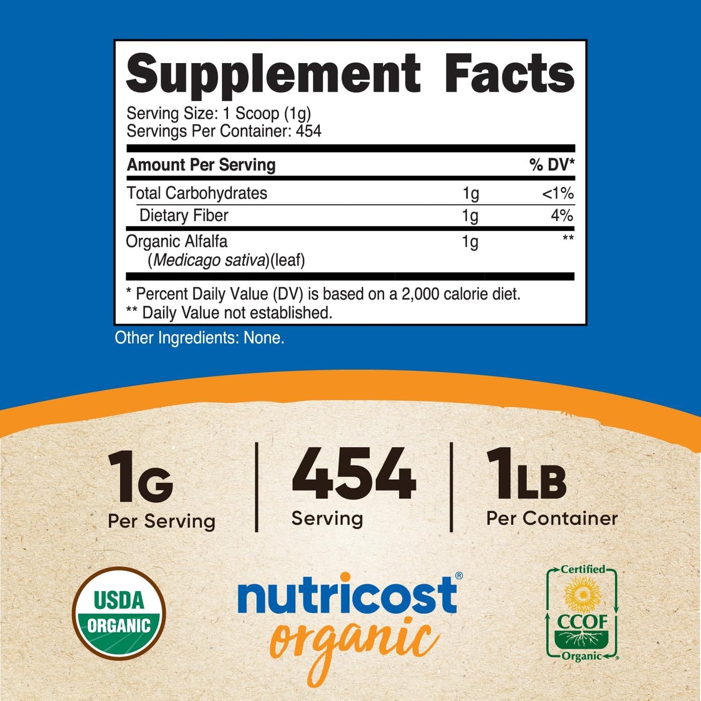 Nutricost Organic Alfalfa Unflavored Powder Supplement 16oz / 454g