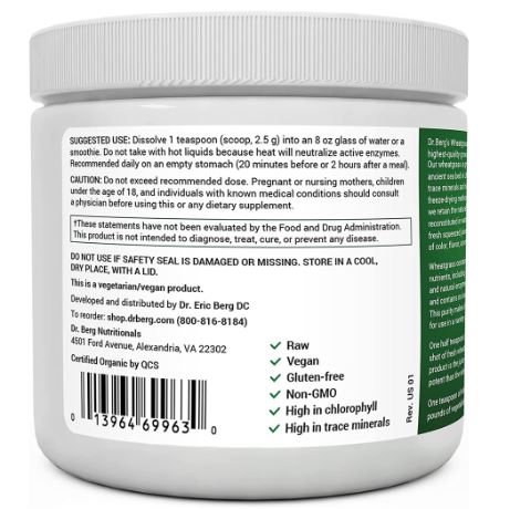 Dr. Berg's Wheat Grass Juice Powder 60 Servings, 5.3 oz (Solo Pack)