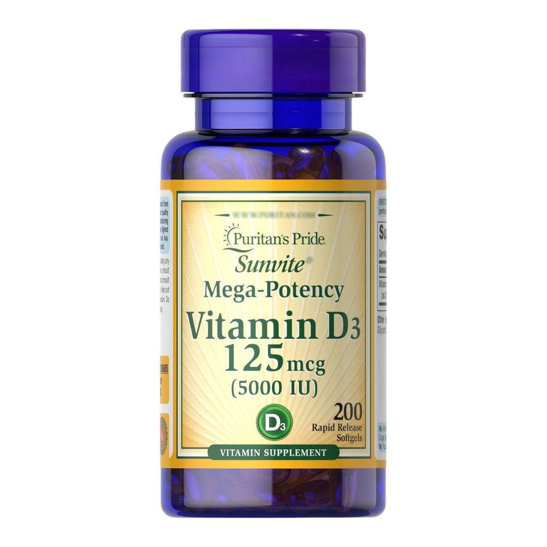 Puritan's Pride Sunvite Mega-Potency Vitamin D3 125 mcg 5000 IU, 200 Softgels