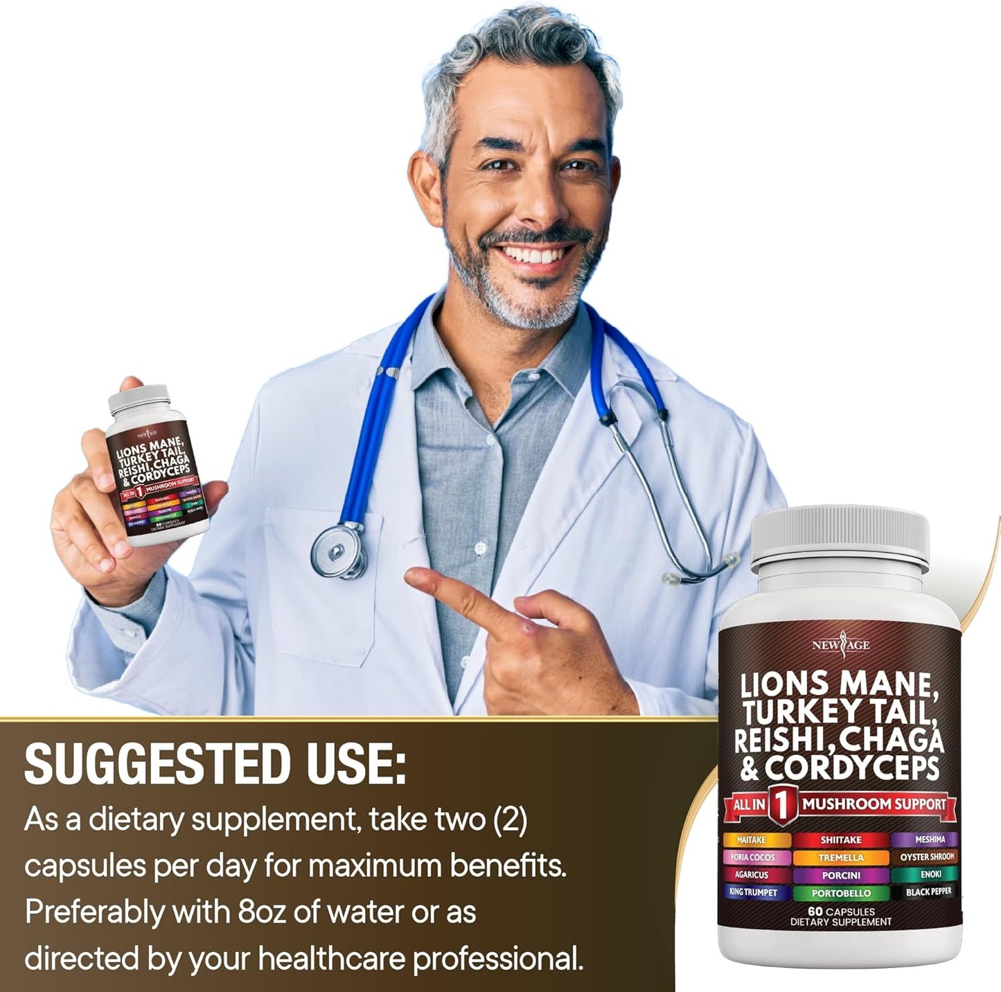 New Age Lions Mane, Turkey Tail, Reishi, Chaga & Cordyceps All in 1 Mushroom Support Supplement 60 Capsules