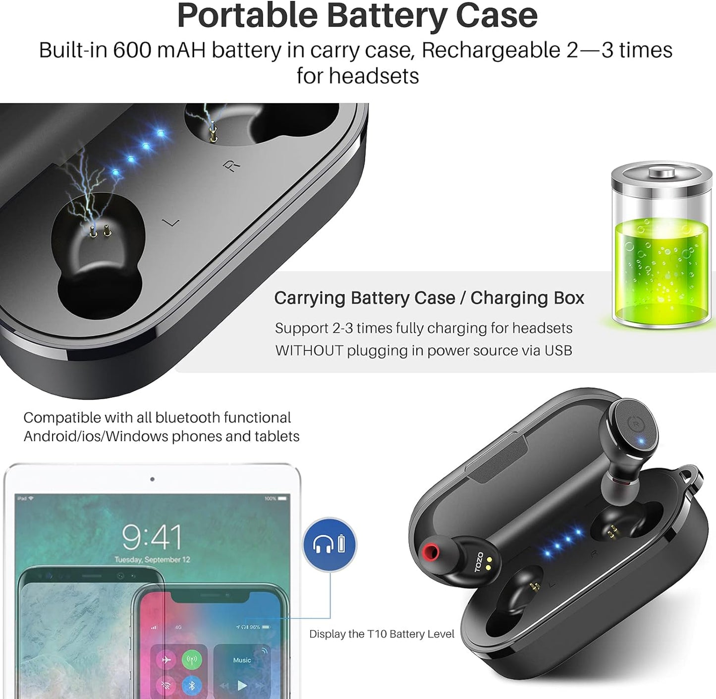 TOZO T10 Wireless Earbuds with Charging Case IPX8 Waterproof Stereo (Sport Black)