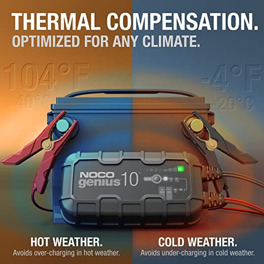 N OC O Genius 10 Charger Maintainer 6V and 12V 10A Charger, Batt Clamps + Connector IP65