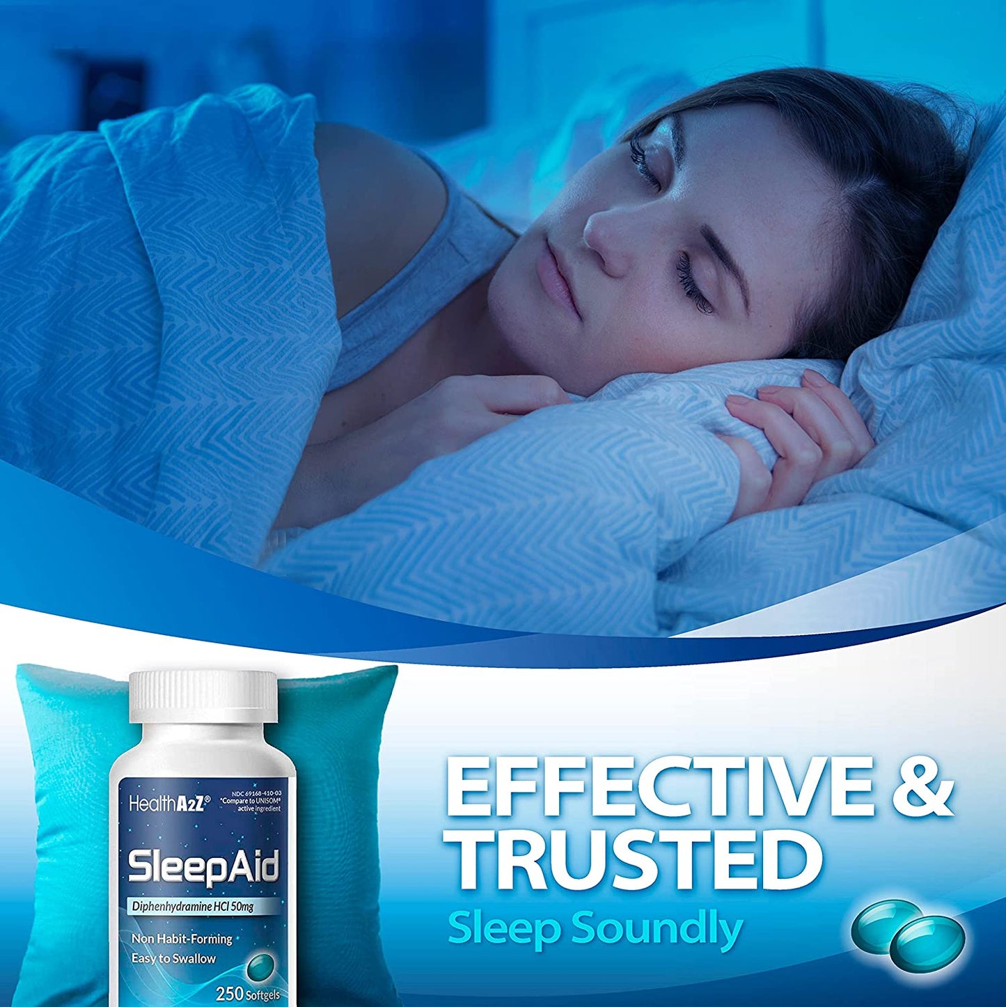 HealthA2Z Sleep Aid 50mg Supports Deeper & Restful Sleeping, Non Habit-Forming 250 Softgels