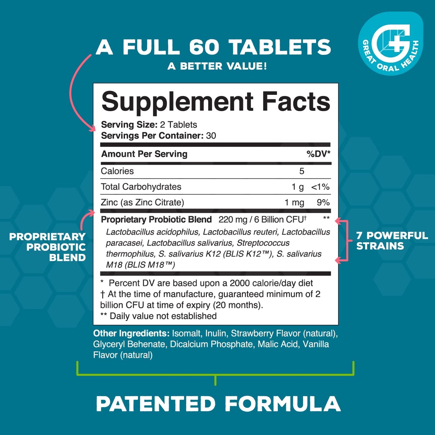 Great Oral Health Advanced Oral Probiotics Dentist Developed Strawberry Vanilla Flavor 60 Tablets