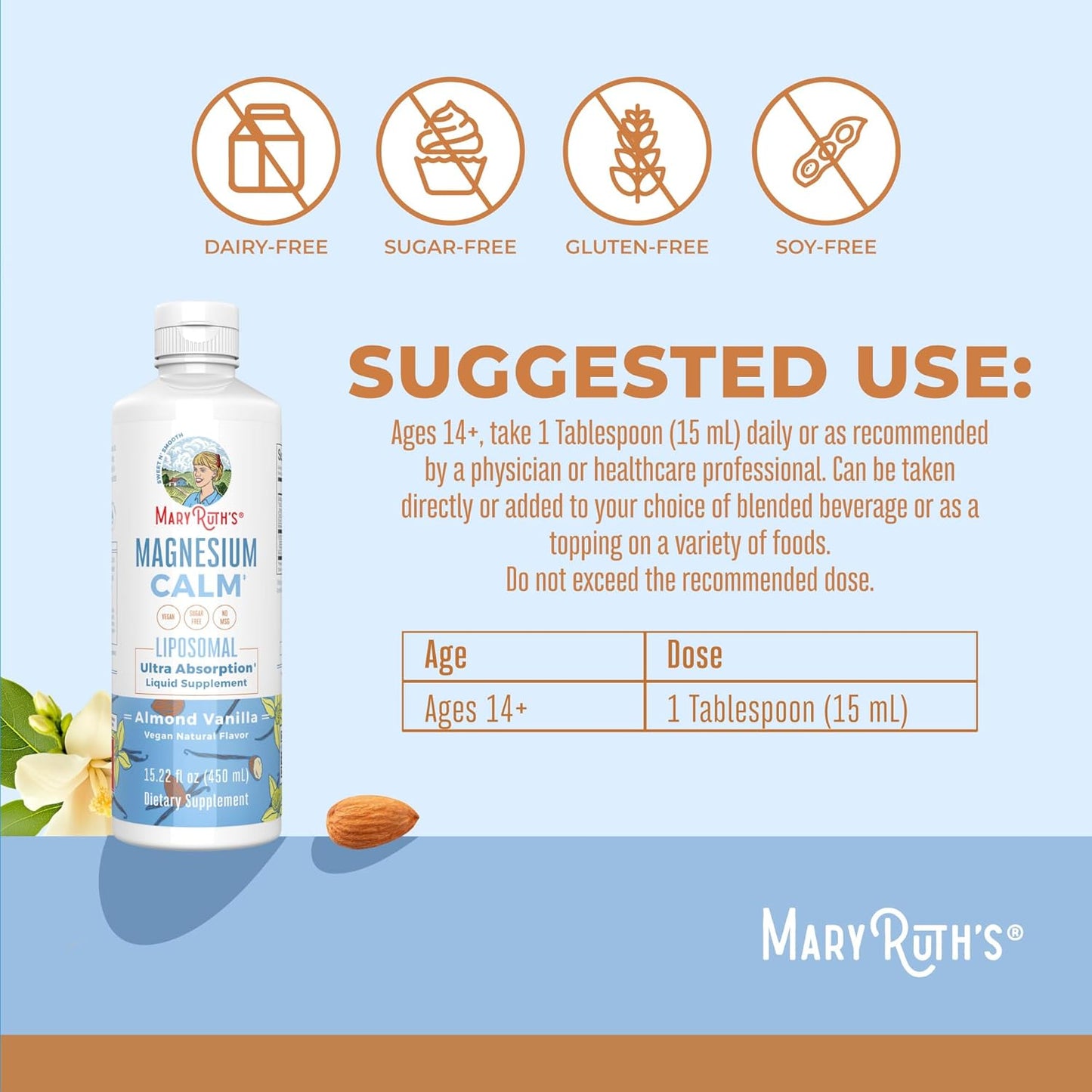 Mary Ruth's Vegan Magnesium Calm Liposomal Liquid Supplement Almond Vanilla, 450 ml / 15.22
