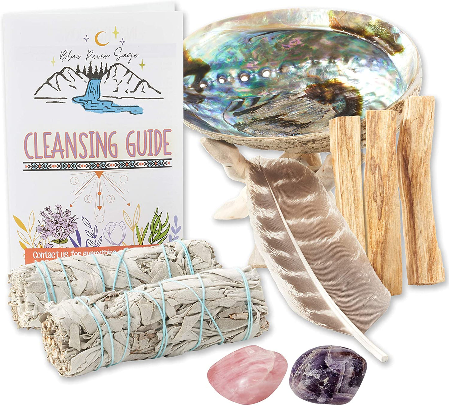 Blue River Sage Home Cleansing & Smudging Kit with White Sage, Palo Santo, Abalone & Stand, Smudge Feather & Guide