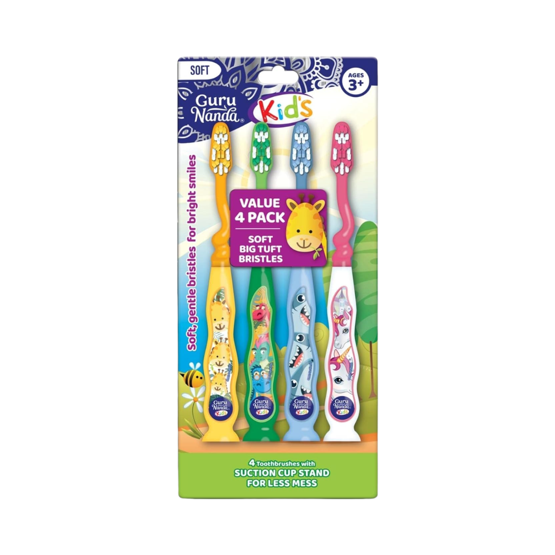 Guru Nanda Kids Ages 3+, 4 Soft Toothbrushes with Suction Cup Stand